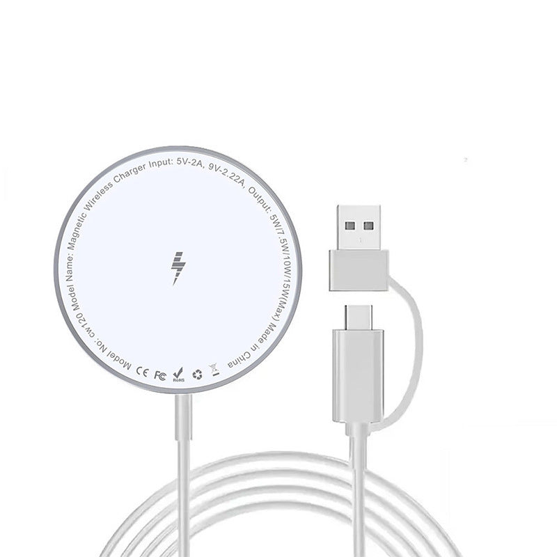 MagSafe magnetic charger with Type-C USB connection and circular design for fast wireless charging.