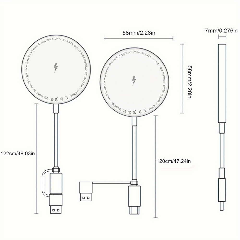 Dimensions and design of Magsafe magnetic charger showing input-output specifications and cable length.