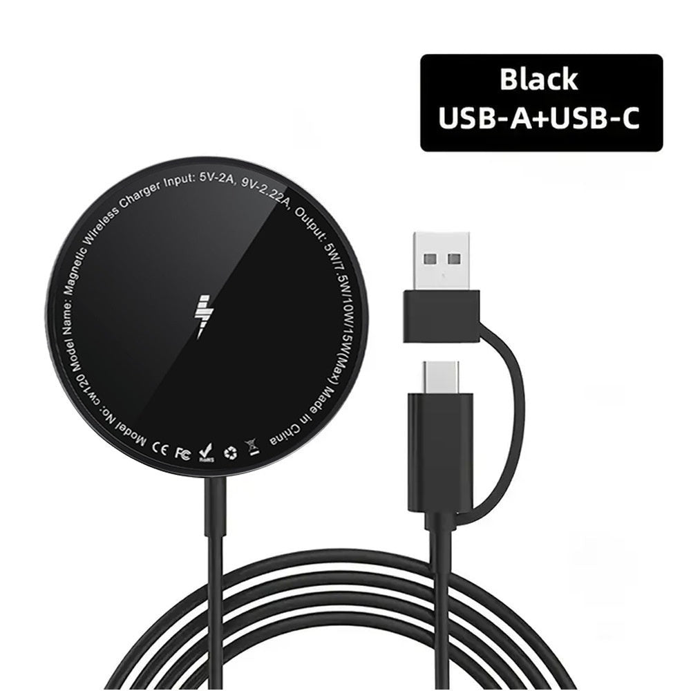 Black MagSafe Magnetic Charger with USB-A and USB-C connectors, designed for fast charging, 1m length.