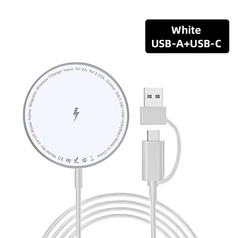 White MagSafe magnetic charger with USB-A and USB-C connection, fast charging cable, aluminum alloy design.