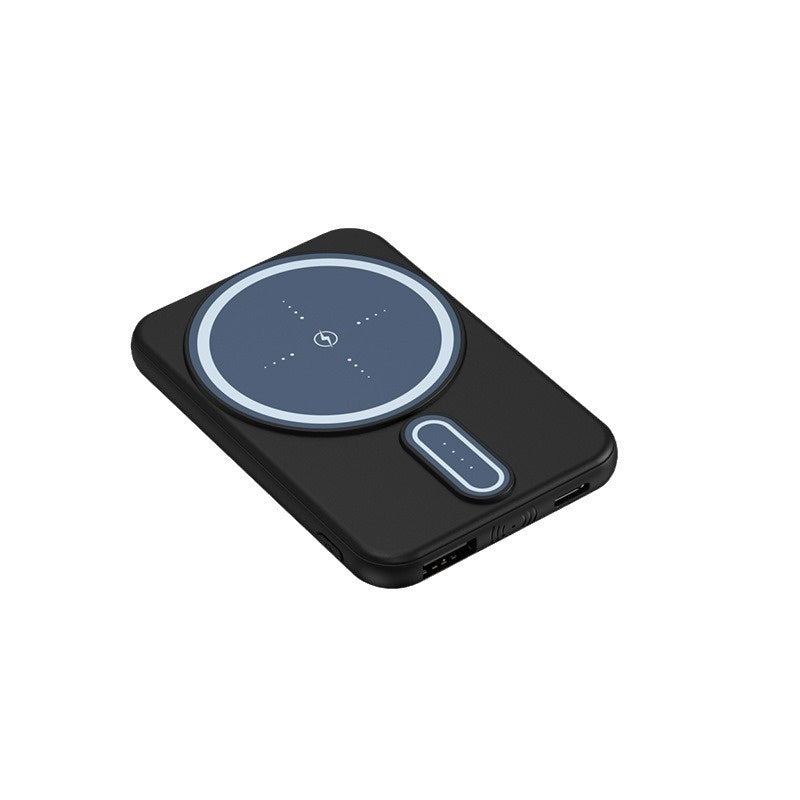 Black MagSafe magnetic wireless power bank with charging indicator and sleek design, ideal for on-the-go charging.
